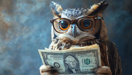 Owl in reading glasses clutching crisp dollar billsの素材