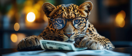 Leopard in stylish glasses counting moneyの素材