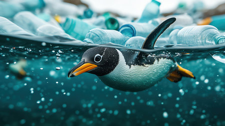Penguin diving through plastic bottles in arctic seaの素材