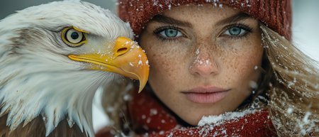 Woman sharing eye contact with bald eagle in treeの素材