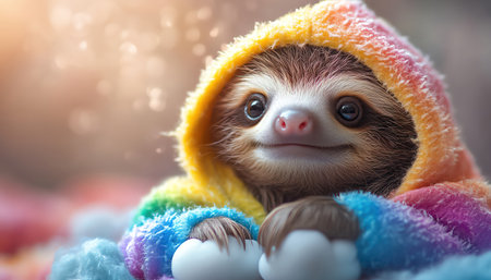Baby sloth in rainbow hoodie with cloud feetの素材