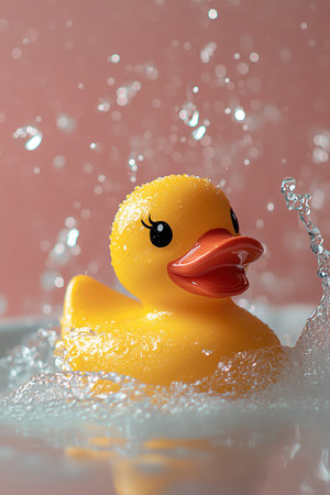 A bright yellow rubber duck brings a touch of joy and nostalgia as it floats in a mini bathtub with splashing waterの素材