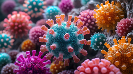 A colorful and diverse array of virus illustrations in a scientific display, representing virology and researchの素材
