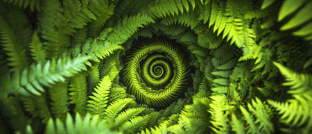 A Beautiful natural spiral pattern formed by the lush green fronds of a fern in the forestの素材