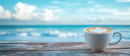 A cup of coffee with a heartshaped foam sits on a wooden table with a calming ocean view in the background, evoking a peaceful start to the dayの素材