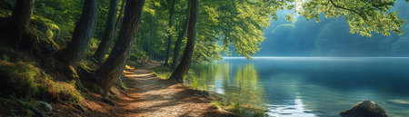 A panoramic scene of a tranquil forest path running alongside the calm waters of a serene lakeの素材