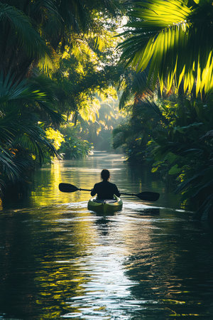 A person kayaking down a serene, sunlit tropical river surrounded by lush greeneryの素材
