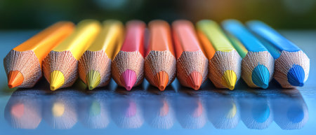 A set of sharpened colorful pencils arranged in a gradient formation, symbolizing creativity and art suppliesの素材