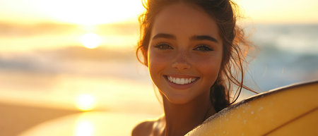 A smiling surfer girl holding her surfboard, enjoying the golden sunset on the beachの素材