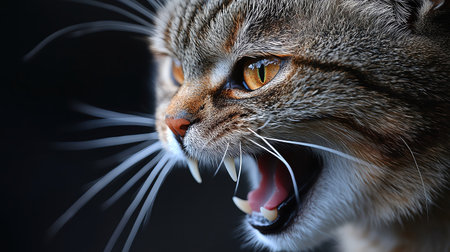 An Intense closeup of a cat growling, displaying a mix of beauty and raw animal instinctの素材