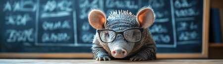 Armadillo in glasses beside economics chalkboardの素材