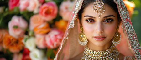 An Indian bride adorned in a traditional lehenga and exquisite jewelry, her elegance capturing the essence of cultural beautyの素材
