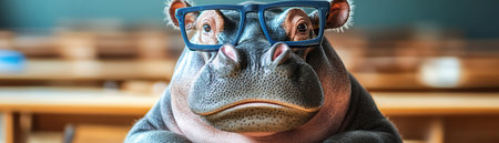 Hippo in classroom glasses teaching geometryの素材