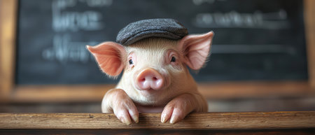 Pig in cap sitting at desk with chalkboard behindの素材