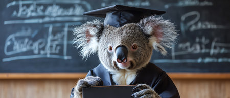 Koala in cap and gown beside blackboard of equationsの素材