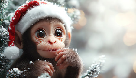 3D cartoon monkey in Santa hat decorating treeの素材