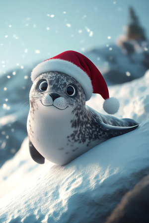 3D cartoon seal in Santa hat sliding down hillの素材