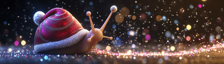 3D cartoon snail in Santa suit leaving glitter trailの素材