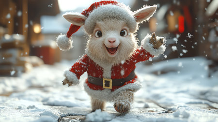 3D cartoon goat in Santa outfit dancing in snowの素材