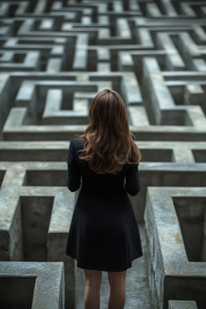 A Businesswoman at the start of a maze, representing decision making and the search for a solution in businessの素材