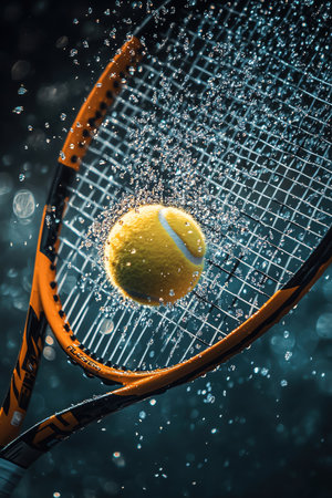 A Closeup of a tennis ball impacting a racket with dynamic light particles illustrating motion and energyの素材