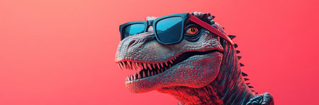 A comically rendered TRex dinosaur dons a pair of stylish sunglasses against a vibrant pink background, adding a fun twist to prehistoric imageryの素材
