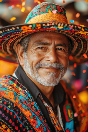 A Joyful men wearing sombreros celebrating with a burst of colorful confetti at a festive eventの素材
