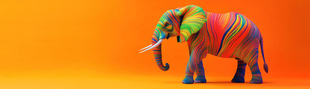 A vibrant, digitally created striped elephant displayed against a striking orange backgroundの素材