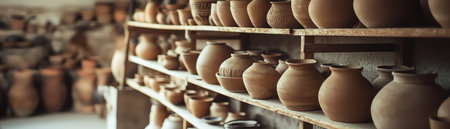 A Rows of traditional clay pottery stored on shelves in a rustic workshop environmentの素材