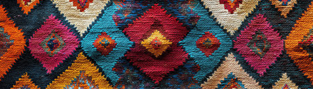 The intricate pattern of a traditional handwoven tribal rug, showcasing rich colors and cultural artの素材