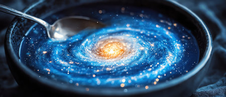 Galaxy swirling in soup bowl beside spoonの素材