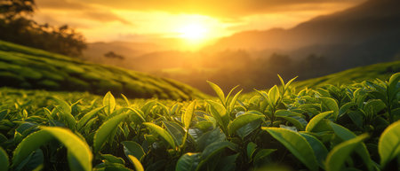 The sunrise spreads golden light over a verdant tea plantation, highlighting the young green leavesの素材