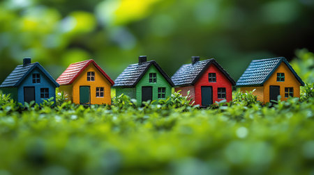 A Miniature colorful houses lined up against a bright and blurred green background, illustrating housing and community conceptsの素材