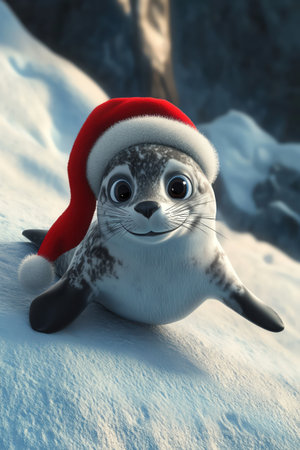 3D cartoon seal in Santa hat sliding down hillの素材