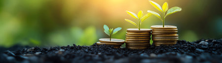 A Coins stacked with young plants sprouting represent the concept of investment growth, financial stability, and the prosperityの素材