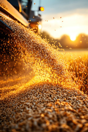A combine harvester reaps wheat during harvest time, with golden grains pouring into a storage container at sunsetの素材