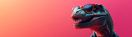 A comically rendered TRex dinosaur dons a pair of stylish sunglasses against a vibrant pink background, adding a fun twist to prehistoric imageryの素材