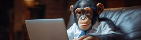 A chimpanzee dressed in a white shirt and tie appears focused while working on a laptop, evoking a humorous take on the corporate worldの素材