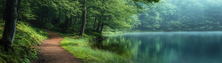 A panoramic scene of a tranquil forest path running alongside the calm waters of a serene lakeの素材