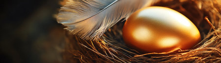 A single golden egg rests in a nest, a symbol of wealth and investment, with a feather accentの素材