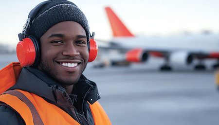 A smiling airport ground crew member with protective earmuffs stands on the tarmac with airplanes in the backgroundの素材