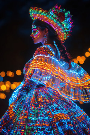 A representation of Mexican cultural art captured in a mesmerizing and vibrant light display of a woman in traditional attireの素材