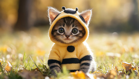 Baby kitten in bumblebee outfit on sunny grassの素材