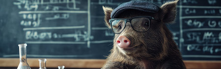 Boar in cap at blackboard full of chemistry notesの素材