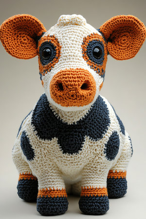 Crochet cow with stitched black patchesの素材