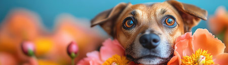 Dog in hotdog suit holding a peonyの素材
