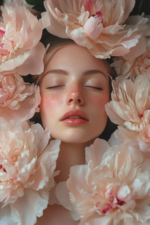 Portrait of calm woman surrounded by peony blossomsの素材