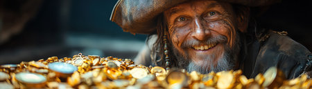 Pirate with scarred face smiling over treasureの素材