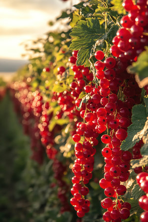 Rows of red currants shining under bright skyの素材