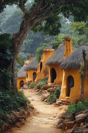 African adobe village with rounded mud houses and thatched roofsの素材